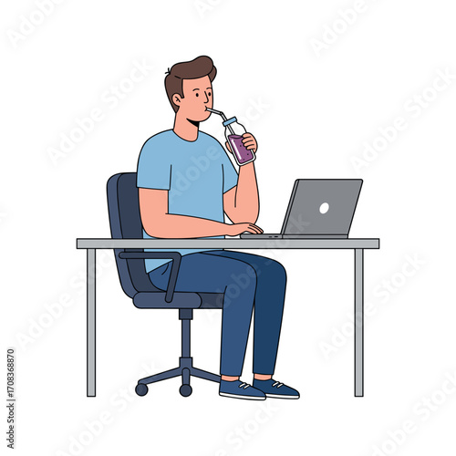 Working from home young man drinking juice while using laptop at desk indoor office casual environment. Vector illustration