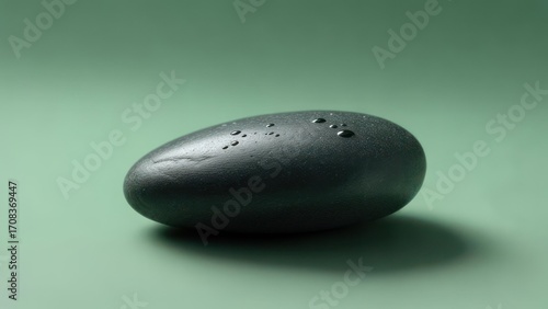 A smooth, dark grey, oval-shaped stone rests on a muted green background.  Small water droplets cling to its surface, casting a subtle shadow
