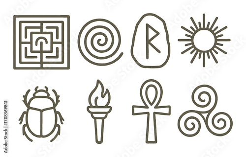 Ancient symbols collection: labyrinth, spiral, rune, sun, scarab, torch, ankh, triple spiral