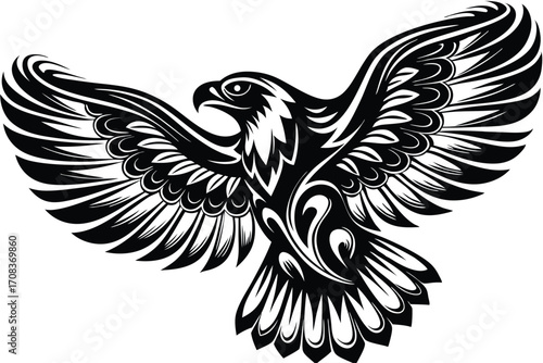 Majestic eagle soars with outstretched wings, rendered in bold black and white contrast for appeal