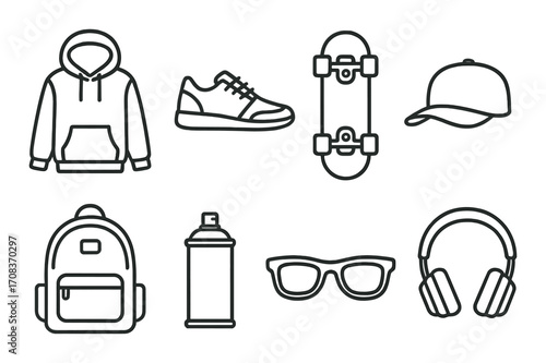Urban style icons: hoodie, sneakers, skateboard, cap, backpack, spray, sunglasses, headphones