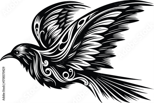 Stylized black bird illustration depicts flight with intricate swirling feather patterns against white background