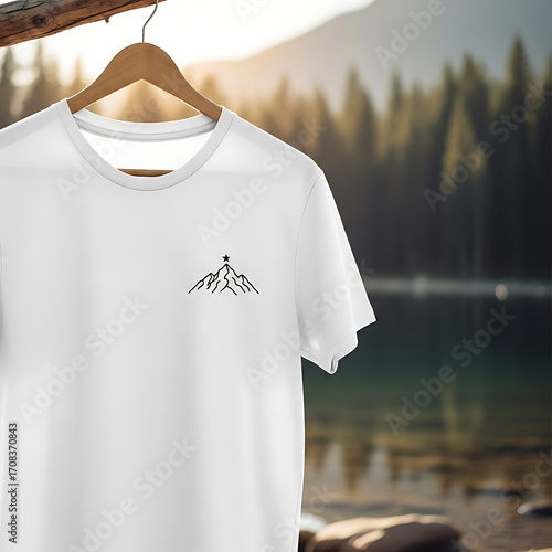 White T shirt with Minimalist Mountain and Star Logo Hanging in Nature