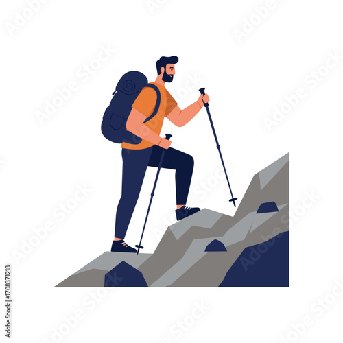 Hiking adventure mountain trail digital illustration outdoor environment view fitness journey. Vector illustration
