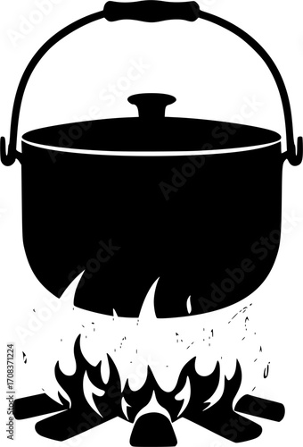 Cooking pot over fire silhouette vector illustration
