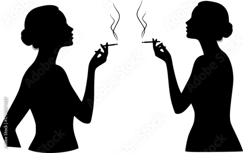 Elegant woman smoking cigarette silhouette vector illustration
