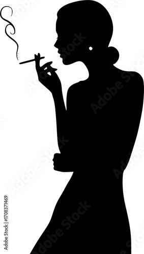 Elegant woman smoking cigarette silhouette vector illustration
