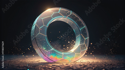 Geometric Ring Object with Iridescent Light and Particles