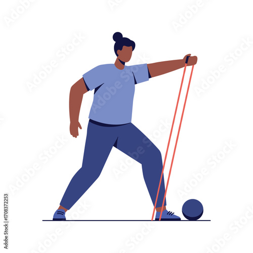 Strength training session female athlete with resistance bands home gym digital illustration energetic environment side view fitness concept. Vector illustration