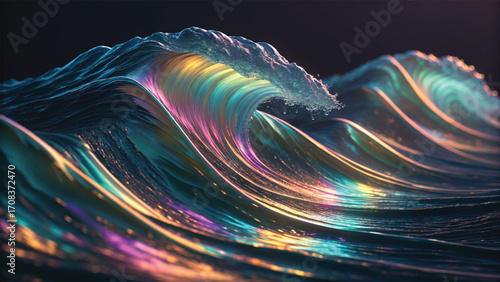 Iridescent Ocean Wave with Colorful Light Reflections