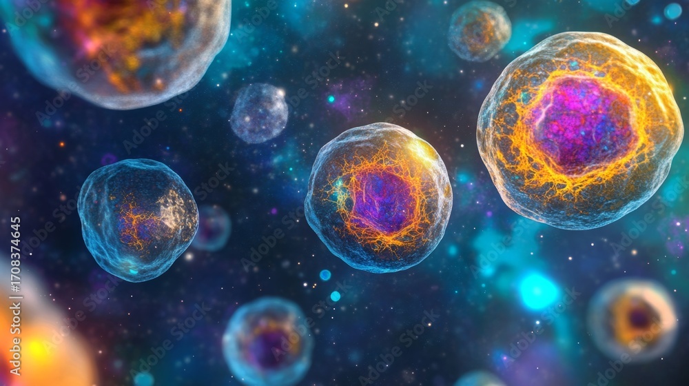 Fototapeta premium Exploring the Intricate Process of Apoptosis in Bacteria and Viruses in a Vibrant Cosmic Environment