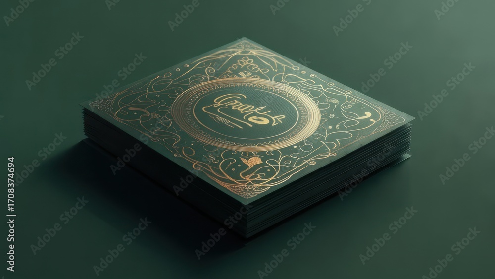 Fototapeta premium A stack of square cards with ornate gold-foiled designs on a dark green background. Intricate lettering is centrally featured within a circular frame