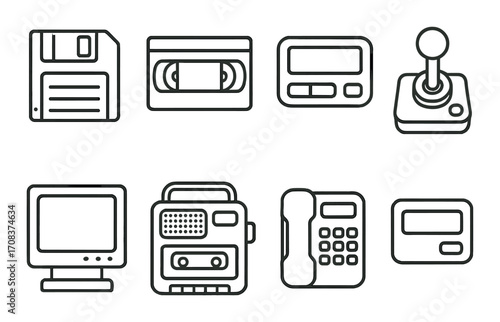 Vintage technology icons: floppy disk, vhs tape, pager, joystick, monitor, cassette player, telephone, credit card