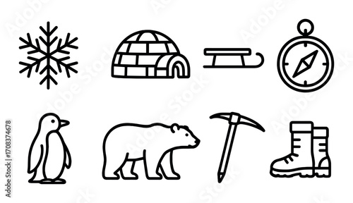 Winter adventure icons: snowflake, igloo, sled, compass, penguin, polar bear, pickaxe, boots