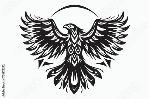 Stylized eagle soars majestically with its symmetrical wings outstretched in ornate form