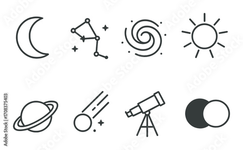 Astronomy icons: moon, constellation, galaxy, sun, planet, comet, telescope, eclipse