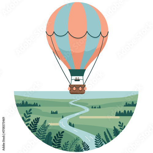 Hot air balloon adventure over serene landscape nature exploration scenic viewpoint. Vector illustration