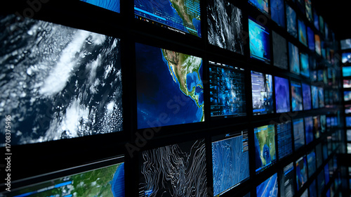 Wall of monitors displaying satellite imagery and geographic data in a control room setting