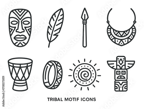 Tribal motif icons: mask, feather, spear, necklace, drum, sun, totem