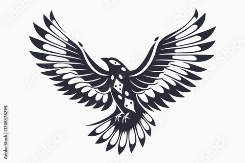 Unique stylized black bird soars boldly with intricate wings spread wide open now