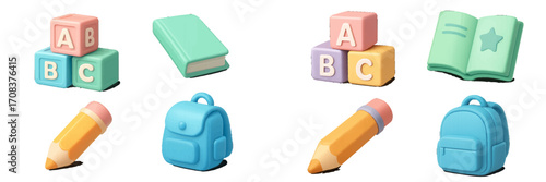 Colorful educational toys and supplies arranged on a white background with wooden blocks, a book, and stationery