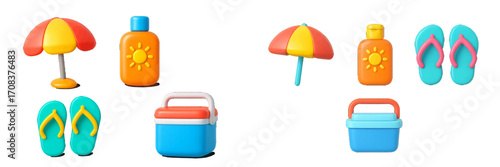 Brightly colored summer beach toys and accessories arranged on a light background for playful beach fun