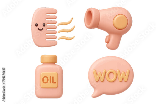Fun and colorful haircare icons featuring a comb, hairdryer, oil bottle, and speech bubble expressing excitement