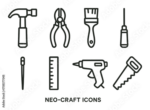 Minimalist tool icons featuring hammer, pliers, brush, screwdriver, drill, saw, ruler, and awl