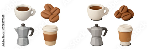 Coffee cups and beans showcase diverse coffee brewing styles in a modern kitchen setting