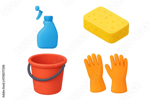 Cleaning supplies and tools arranged for a thorough home cleaning session