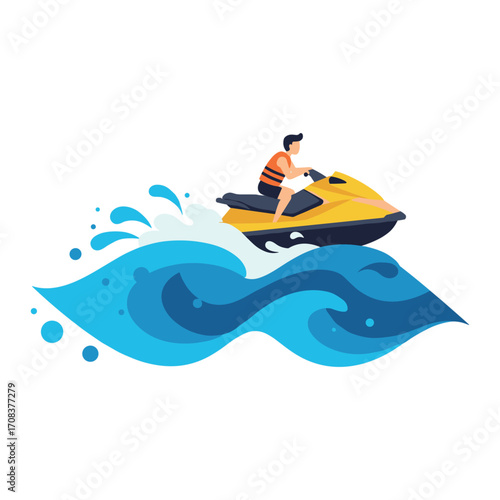 Jet ski adventure ocean waves digital illustration vibrant colors dynamic perspective fun and thrilling experience. Vector illustration