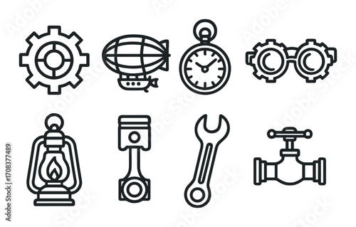 Steampunk gear: vintage airship, clock, goggles, lantern, and tools silhouette icons