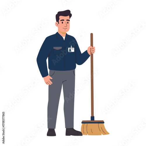 Cleaning action by a worker in an office environment digital illustration professional setting. Vector illustration
