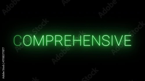 Flickering neon green comprehensive sign animated on black background.
