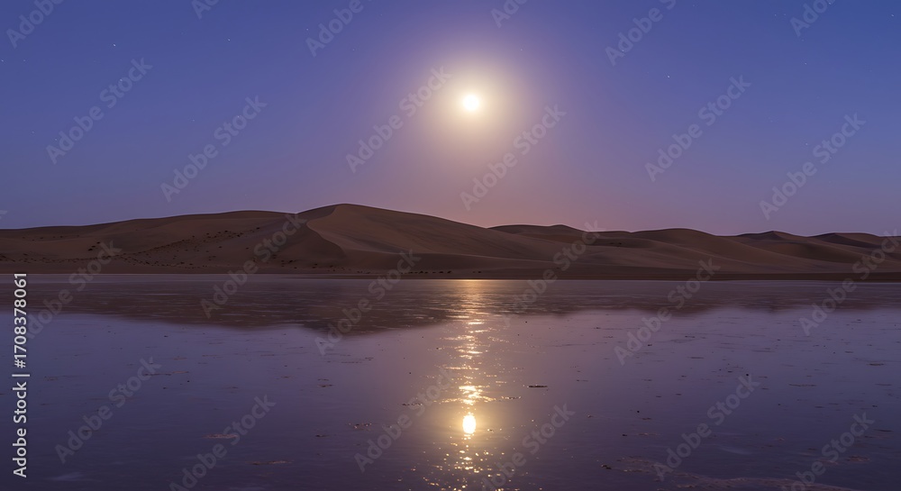 Obraz premium Serene Night Landscape with Bright Moon Reflecting on Calm Water and Desert Dunes