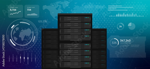 high tech digital dashboard featuring a server rack global data centers and cloud computing infrastructure web hosting big data and IT technology