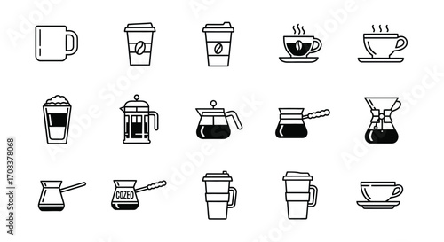 Foto Collection of coffee and tea drinkware icons and symbols for cafes and beverage
