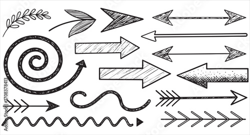 Set of hand-drawn arrows with crayon texture. Includes curved, straight, spiral, and wavy directional pointers in doodle sketch style. Rough distressed lines with black marker-like strokes, 