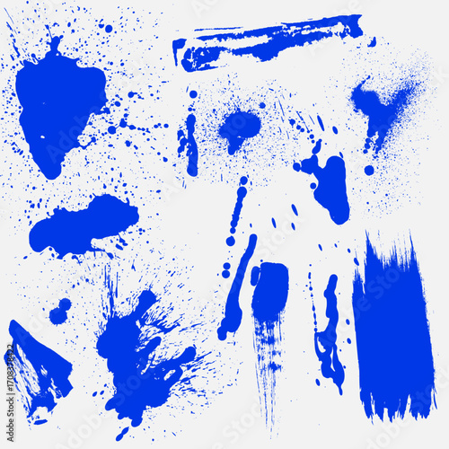 Set of Abstract Blue Paint Splatters and Brush Strokes.