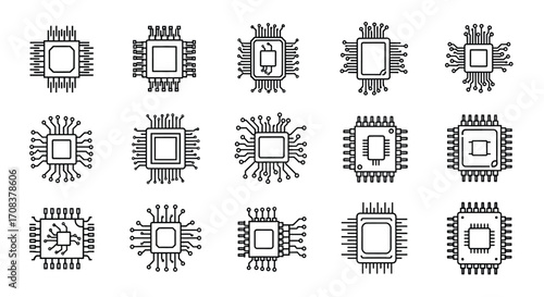 Slika na platnu Collection of detailed microchip icons representing technology and computing pow