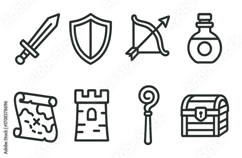 Medieval adventure icons: sword, shield, bow, potion, map, tower, staff, chest