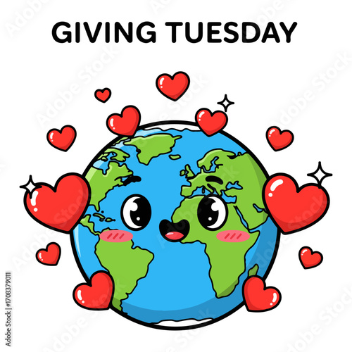 Giving Tuesday vector illustration of a globe with red hearts