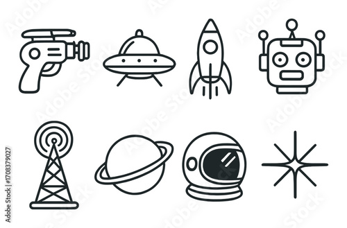 Retro space icons collection: rocket, ufo, robot, astronaut, planet, ray gun