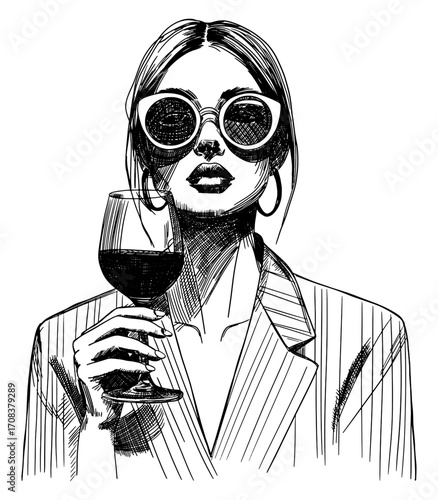 modern fashionable woman holding wine glass isolated hand drawn sketch illustration wearing sunglasses hoop earrings pinstriped blazer lifestyle poster card design