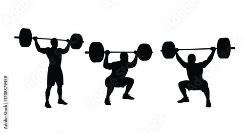 Cuadro en lienzo Athletic silhouettes of weightlifters performing overhead lifts and squats durin
