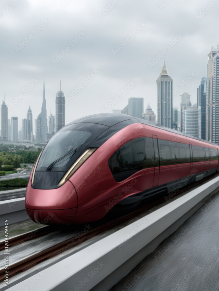 Naklejka premium A futuristic red Hyperloop-style train in motion, set against an urban blurred background for speed and innovation context