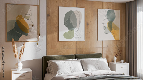 Scandinavian Autumn Bedroom Interior with Wooden Wall Panels and Cozy Decorations