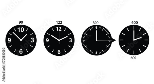 Fotografía Four black analog clocks displaying different times with numeric and hand indica