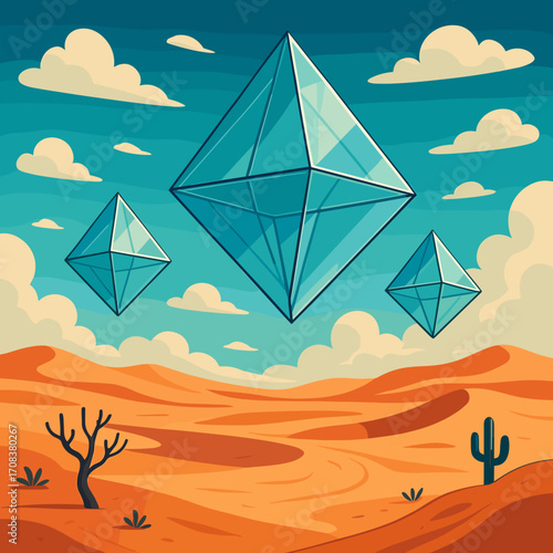 Geometric blue crystals floating in a desert landscape with cacti and clouds