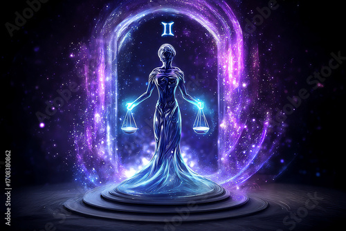 Elegant female figure holding glowing scales, standing on a pedestal within a cosmic portal of purple and blue light, symbolizing the Libra zodiac sign